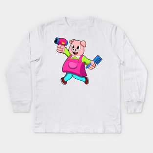 Pig as Hairdresser with Hair dryer & Comb Kids Long Sleeve T-Shirt